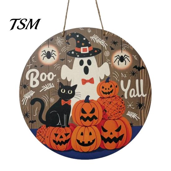 Waterproof Halloween Wall Art Boo Wood Door Hanger Sign with Cute Ghost Black Hat Pumpkin Print, Front Solid Yard Decoration Porch Decor, Round Wooden