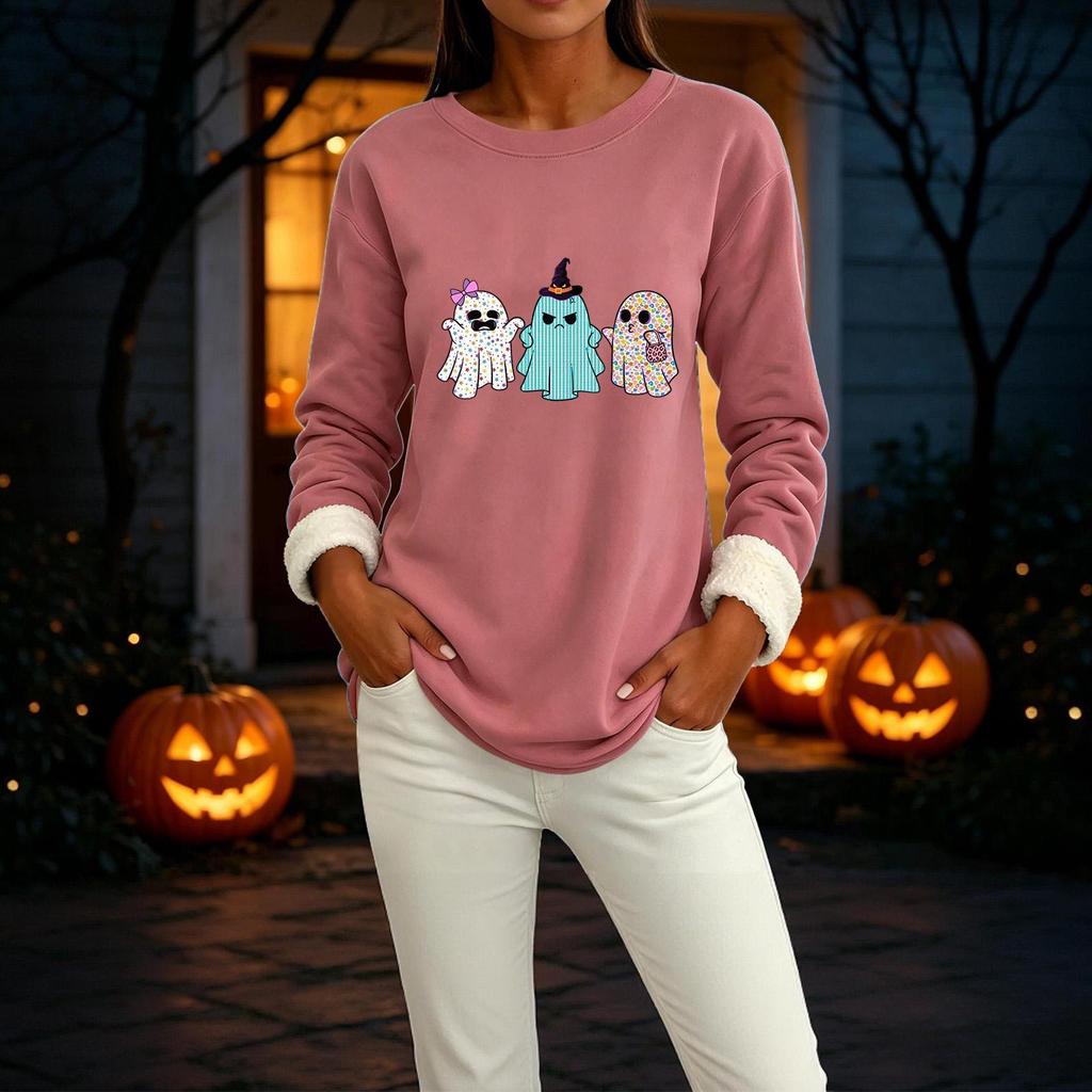 Women's Long Sleeve Lined Round Neck Top with Halloween Print, Casual Winter Wear