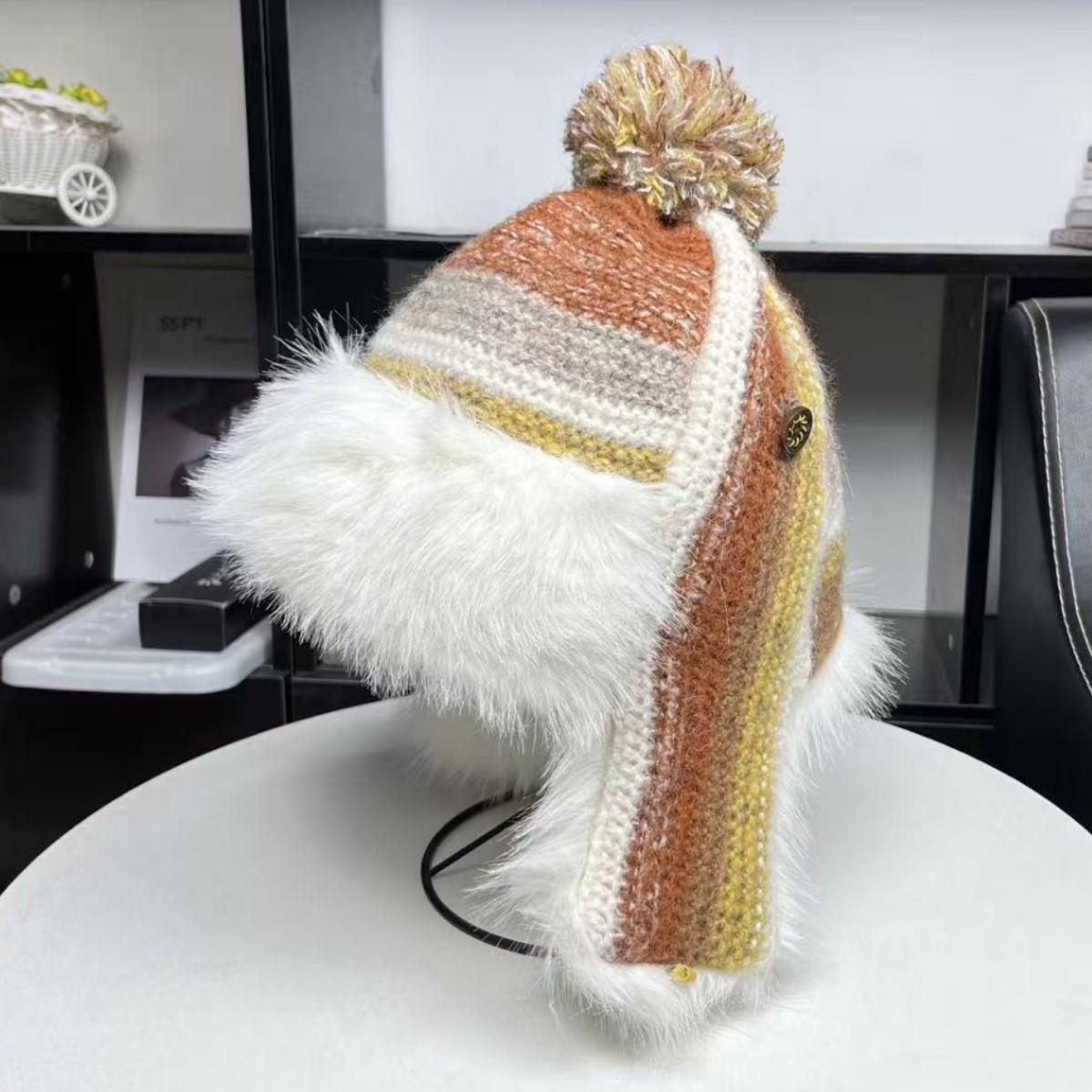 

Rainbow Striped Plush Ear Hat Women s Autumn and Winter Thickened Plush Lei Feng Hat Northeast Cold Knitted Pullover Hat M（54-58cm）