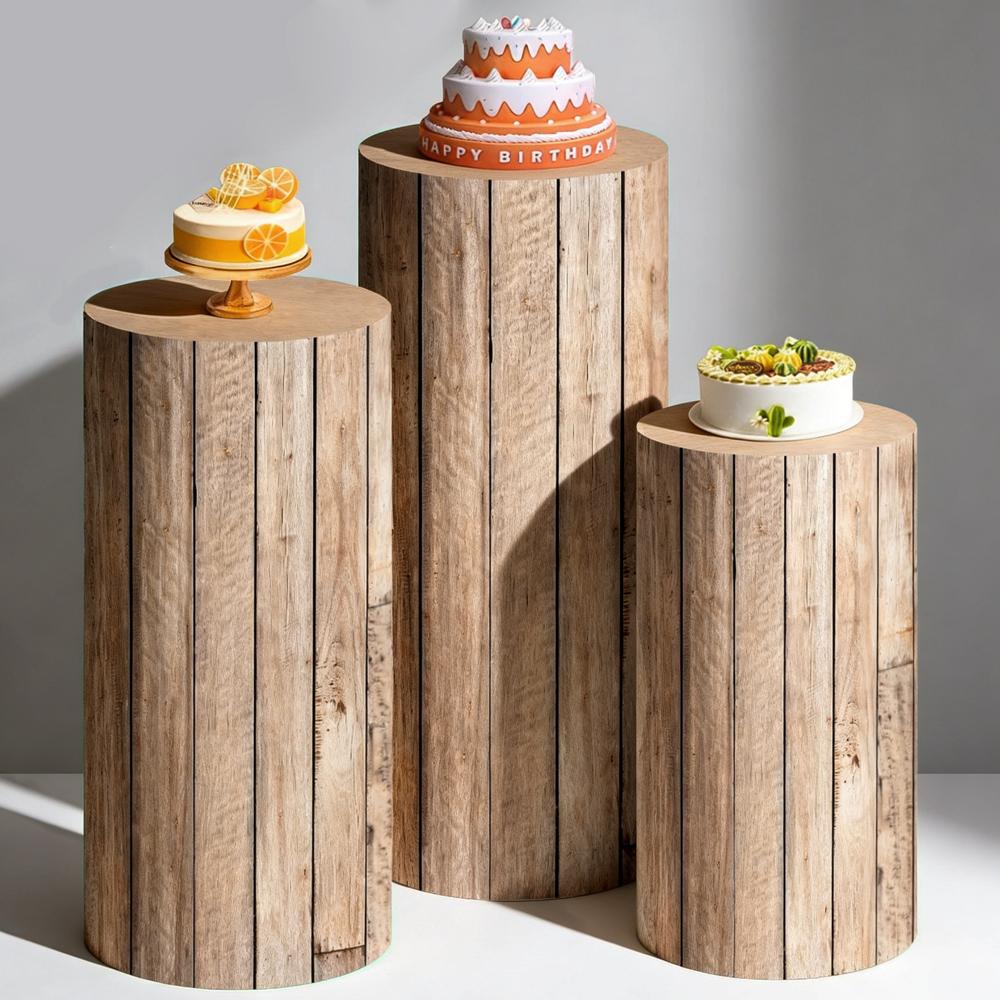Rustic Wood Cylinder Pedestal Cover Set Wedding Backdrop Bachelorette Party Decor Baby Shower Birthday Cake Dessert Display E-50x27cm cover