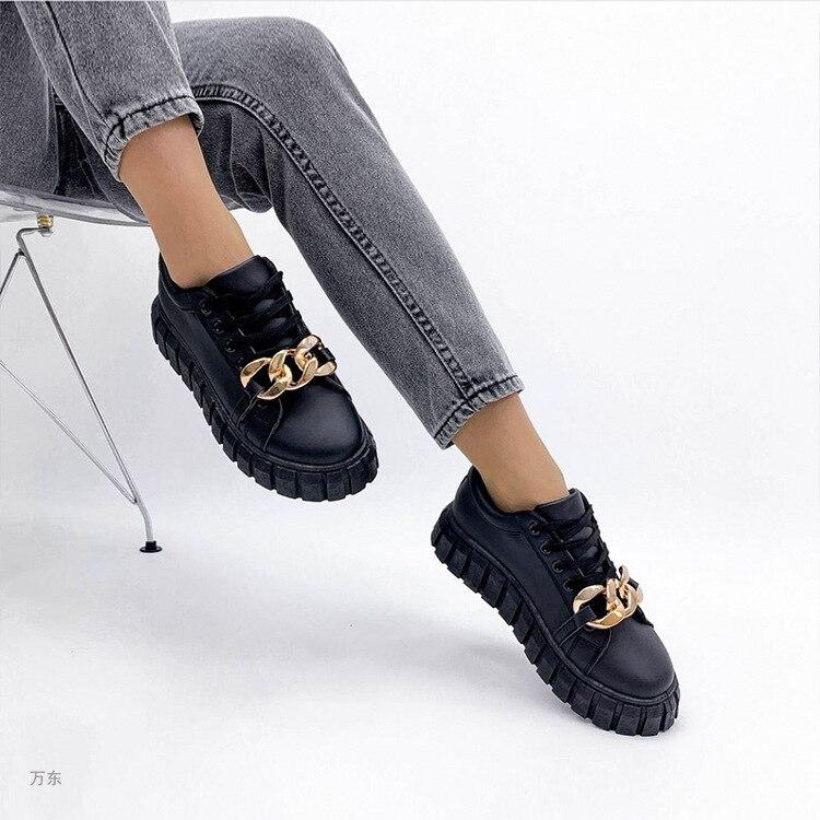 Chain Leather Upper Board Shoes Sneakers Large Size Women 'S Shoes Flat Single Shoe Four Seasons Strap Casual Shoes 41 -43