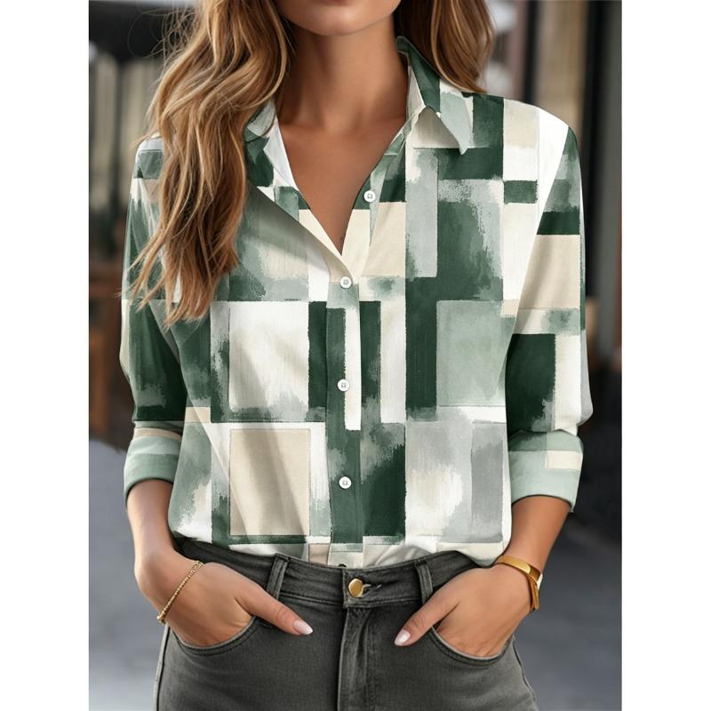 Women's Lapel Long Sleeve Geometric Print Button-Up Shirt, Stylish Casual Regular Tops for Spring Summer Daily Office Wear