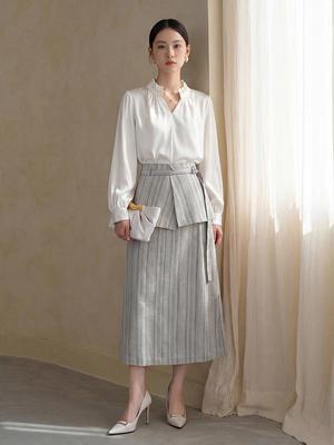Fei Yuan Belted Striped Skirt: Stylish Back Slit Design for Early Spring