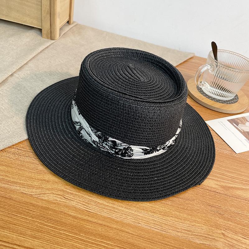 Flat Top Straw Hat Female Summer Travel Seaside Beach Hat National Tide Wind Breathable Anti-ultraviolet Sunshade Bucket Hat