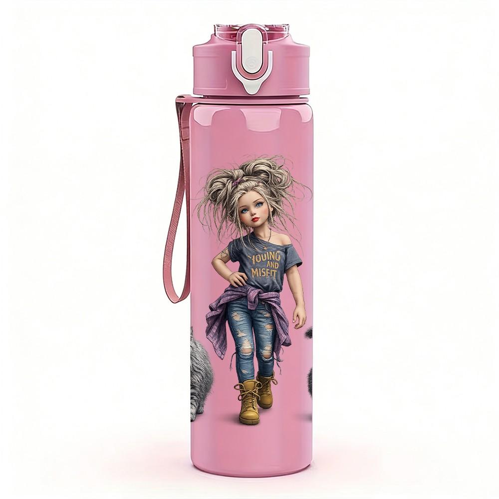 1PC Rag Doll Girl Toy Character Print 750ml Color Plastic Sports Water Bottle Leakproof Flip Straw Lid Suitable for Sports Office Home Use