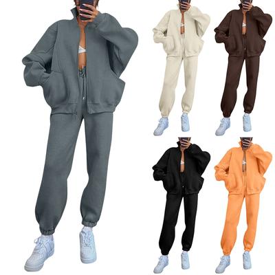 Women's Fashion Solid Color Stand Up Collar Long Sleeved Pocket Zipper Sweatshirt Drawstring Sweatpants Casual Suit