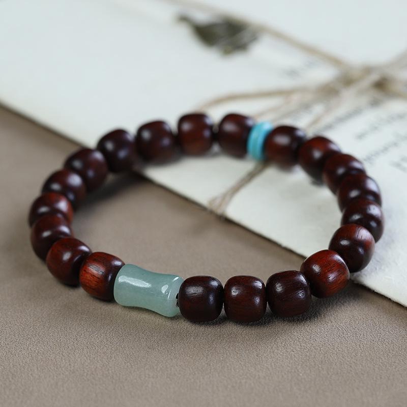 Red Sandalwood and Hetian Jade Beaded Bracelet for Men and Women - Buddhist Prayer Beads with Barrel and Bamboo Section Design.