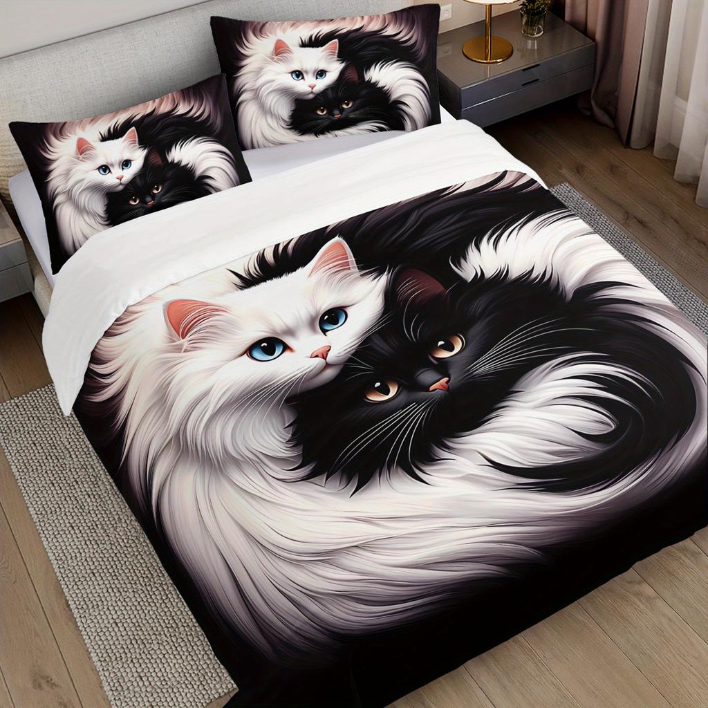 Comforter 3Pcs Cute Cat Yin Yang Black White Cats Bedding Set Soft Microfiber Bedroom Decor Four Seasons