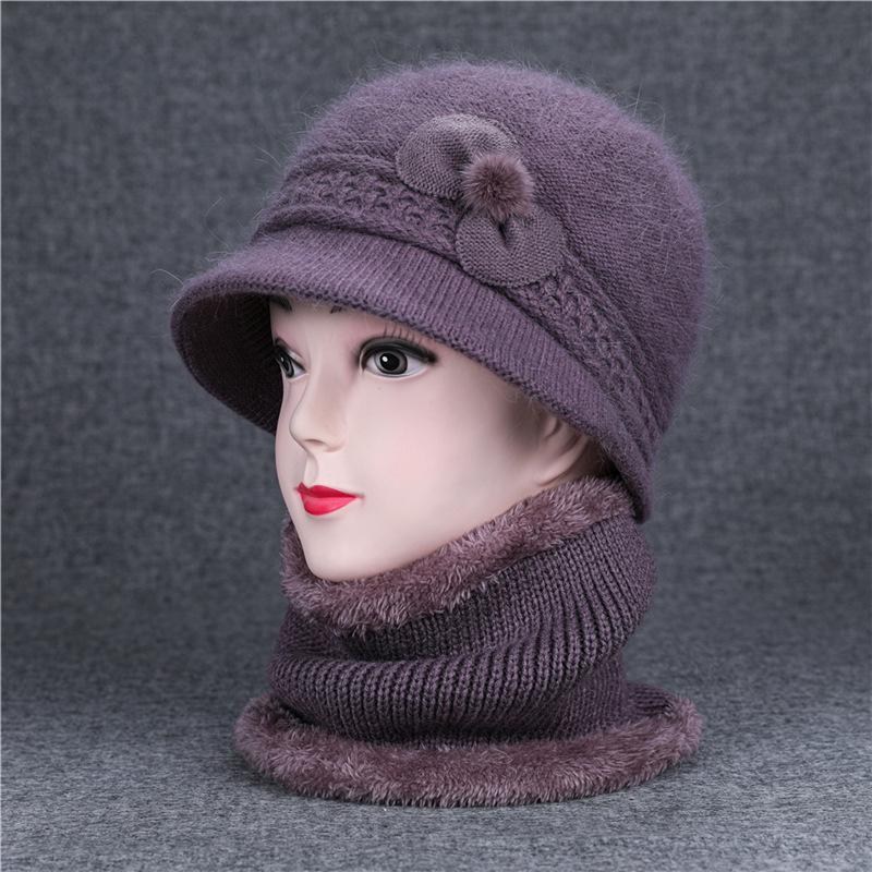 Ji Middle-Aged And Elderly Women'S Basin Hat Grandma Knitted Wool Hat Old Man Hat Rabbit Fur Flower Mother Hat Scarf