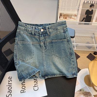 Unique Charm Pocket Design Split Skirt Thin Section of High-waisted Retro A-line Half-body Package Hip Skirt Ladies Summer Fashion Denim Short Skirt