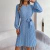 Spring Summer Women Long Sleeve O-Neck Floral Pleated High Waist A Line Long Dress