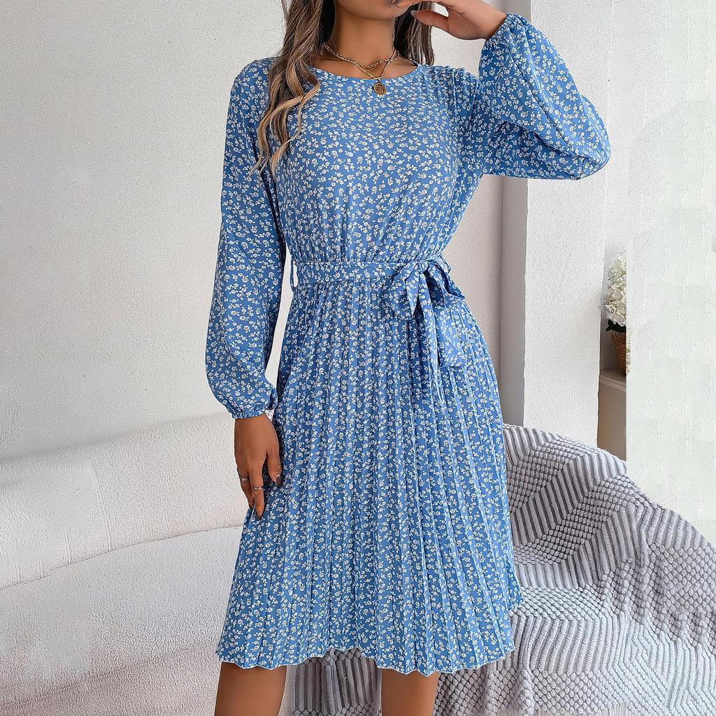 Spring Summer Women Long Sleeve O-Neck Floral Pleated High Waist A Line Long Dress