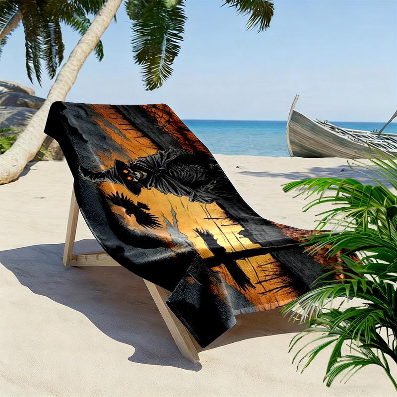 Halloween Skeleton Wizard Pumpkin Field Print Beach Towel, Gothic Spooky Quick‑Dry Towel for Beach Pool Travel