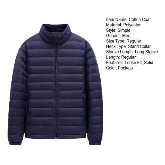 Yousheng Men Cotton Coat Stand-Up Collar Long Sleeve Solid Color Quilted Jacket with Pockets Winter Lightweight Short Outwear