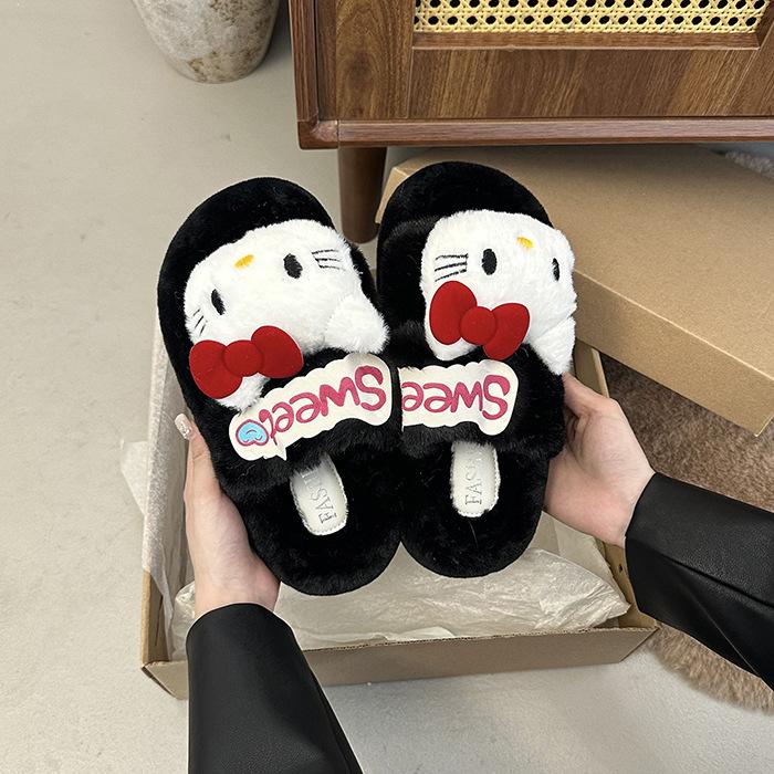 Hellokitty Cat Fluffy Slippers Women Wear Cute Thick Bottom Non-slip Comfortable Home Casual Versatile Cotton Slippers