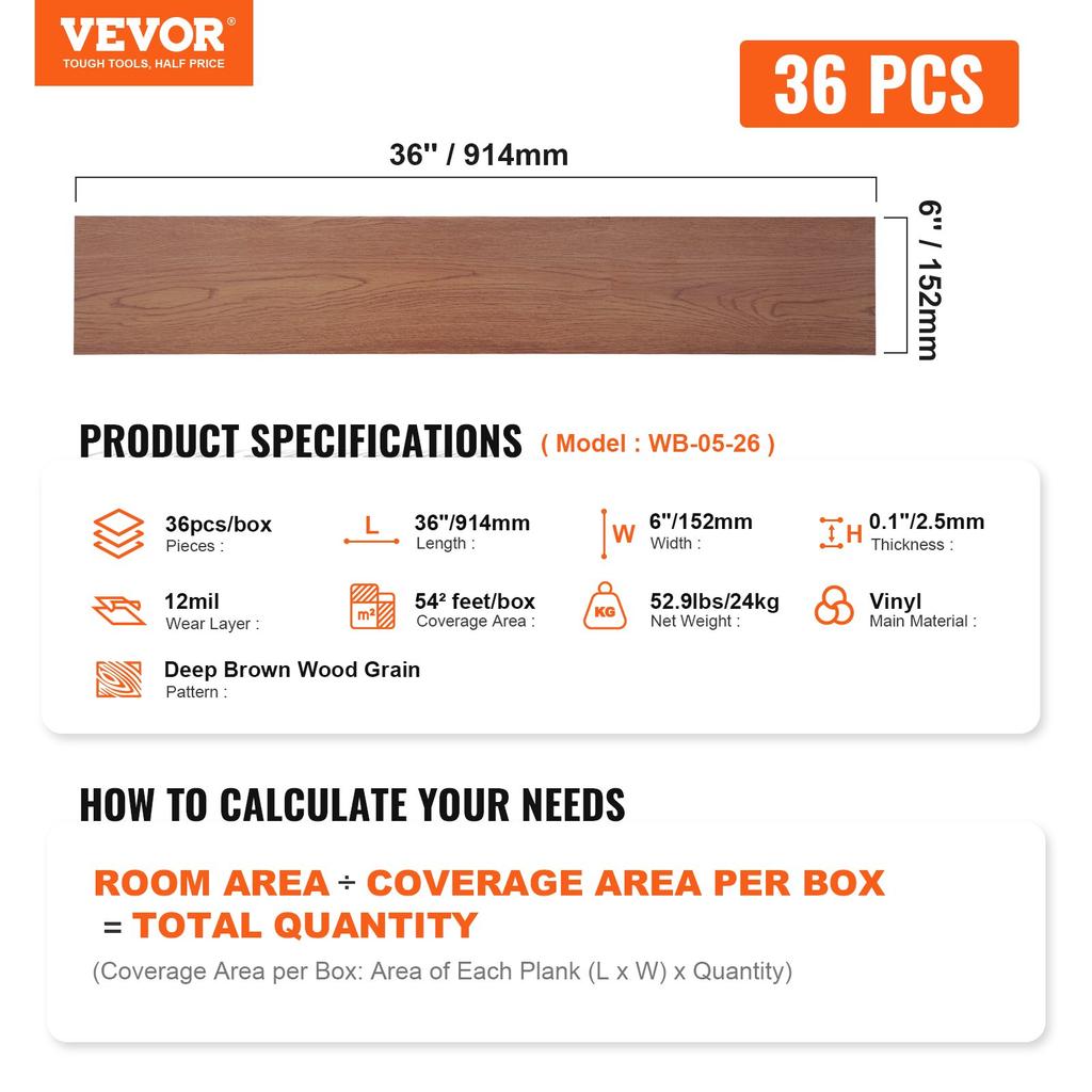 VEVOR Self Adhesive Vinyl Floor Tiles 36 x 6 inch, 36 Tiles 2.5mm Thick Peel & Stick, Deep Brown Wood Grain DIY Flooring for Kitchen, Dining Room