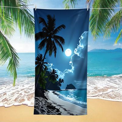 1pc Moonlight Tropical Beach Towel-Soft Microfiber, Quick Drying, Serene Blue Palm Print with Full Moon and Ocean Waves, Suit