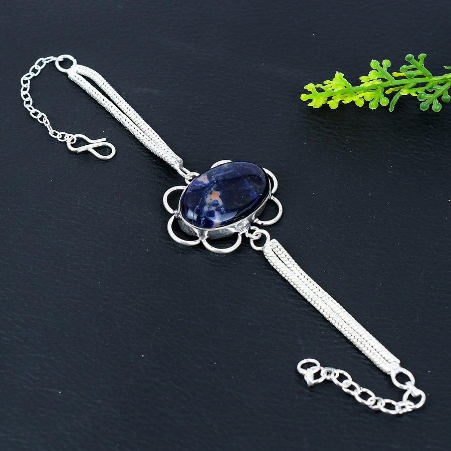 Natural Sodalite Gemstone Handmade 925 Sterling Silver Bracelet 7-8" V6o83