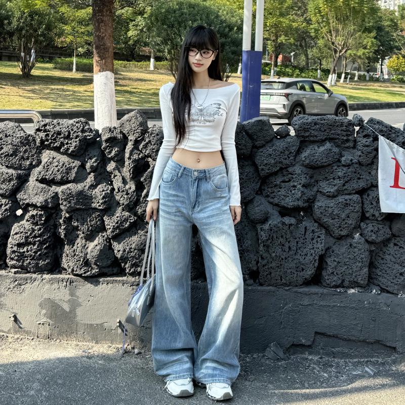 

Women s Light Blue Washed Straight-Leg Summer 2025 Wide-Leg Floor-Length Jeans 2XL