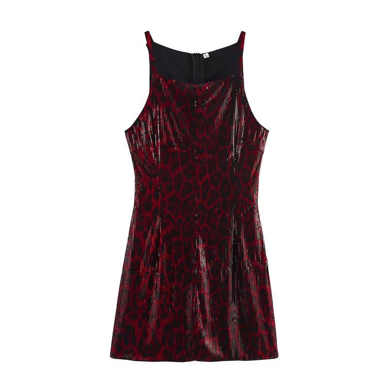 Jnleaog Autumn New Women's Clothing Fashion French Fashion Design Sexy Silm Leopard Print Sequin Slip Dress