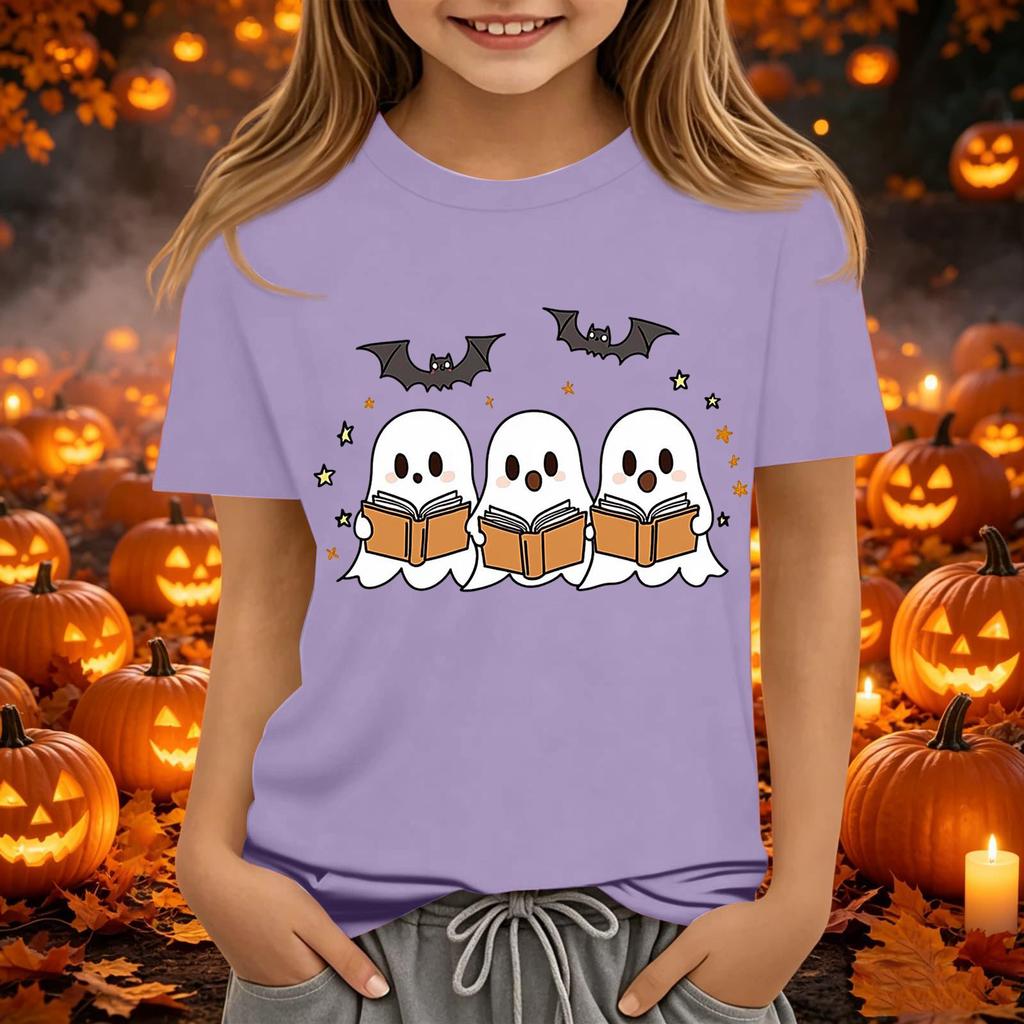 Kids Halloween Printed Neck Short Sleeve T-Shirt Loose Fit Casual Top