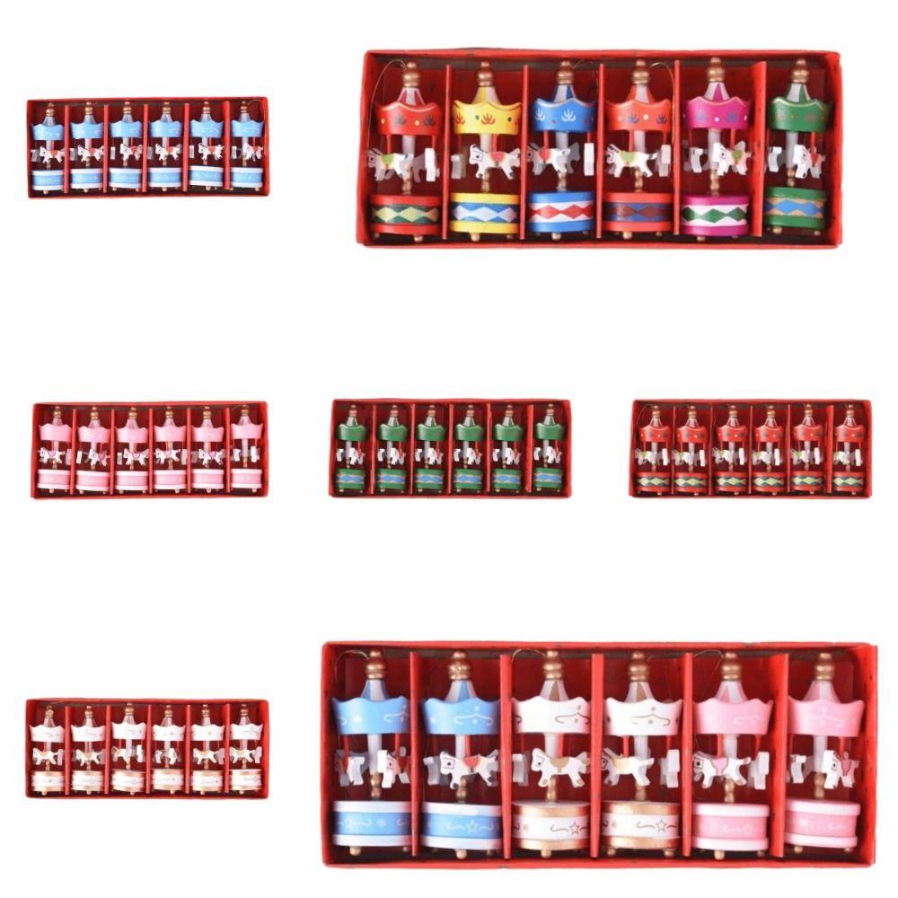 6Pcs Mini Christmas Wooden Carousel Gifts DIY Crafts Xmas Carousel Hanging Christmas Carousel Tree Hanging Home Party Decor
