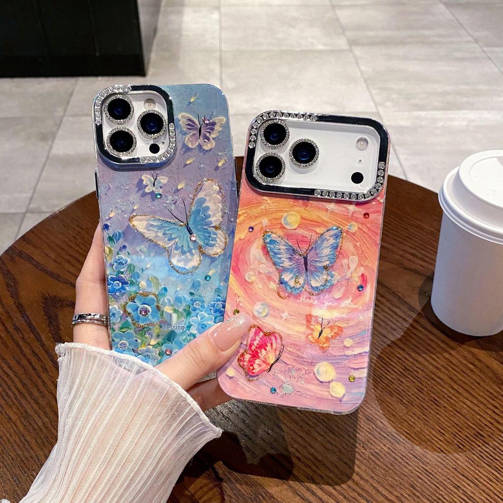 Custodia per Telefono Pittura a Olio Artistica con Farfalle per Apple 17 Pro Max & 16 Pro - Design Unico con Ampia Apertura