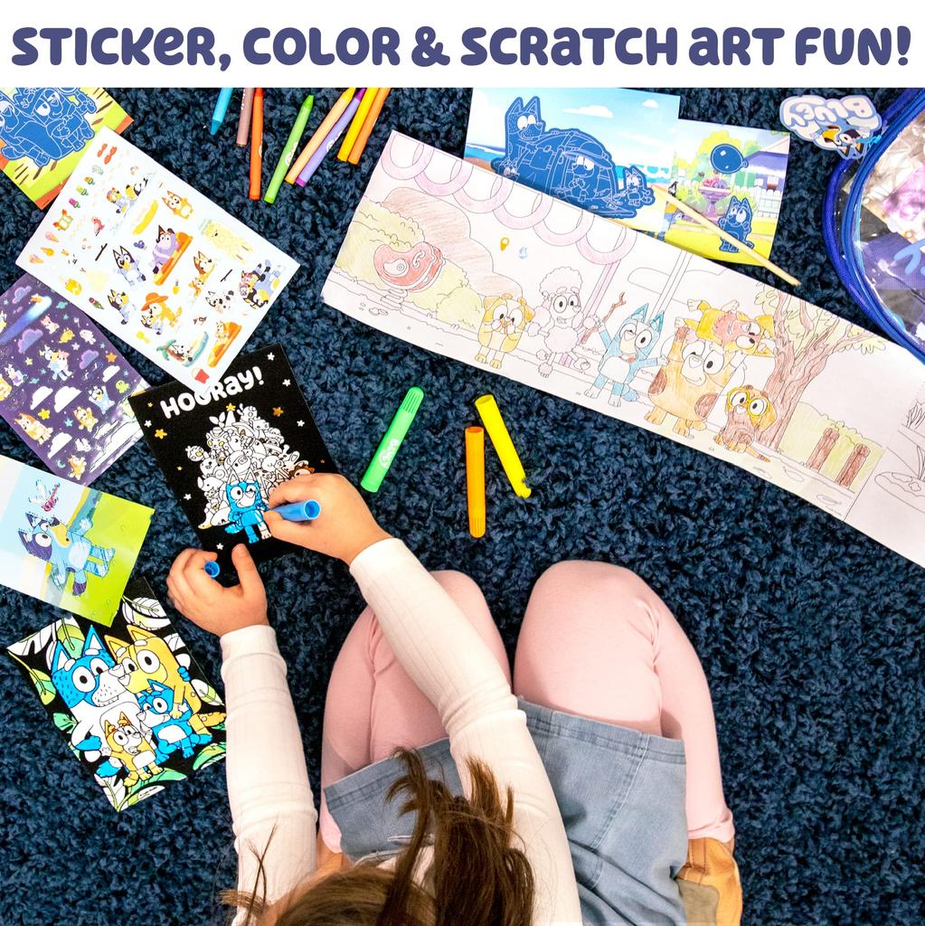 Bluey Ultimate Activity Backpack with 4 Sticker 4 Suction 4 Surprise Scratch 2 1 Roll of Coloring 4 Gifts for Kids 10+ Activities, Suncatchers, Cups,
