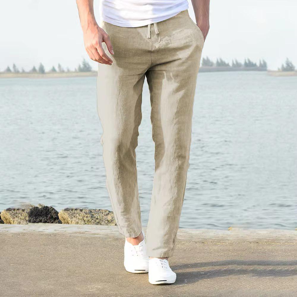 2025 Men's Summer Casual Drawstring Pants, Elastic Waist, Solid Color, Breathable Straight Leg