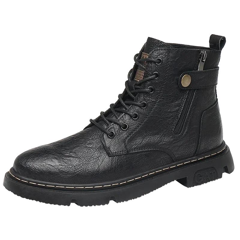 2024 New Men's Genuine Leather Boots High-top Mens Work Shoes Plus Velvet Warm Non-slip Fashion Trend Motorcycle Boots for Men