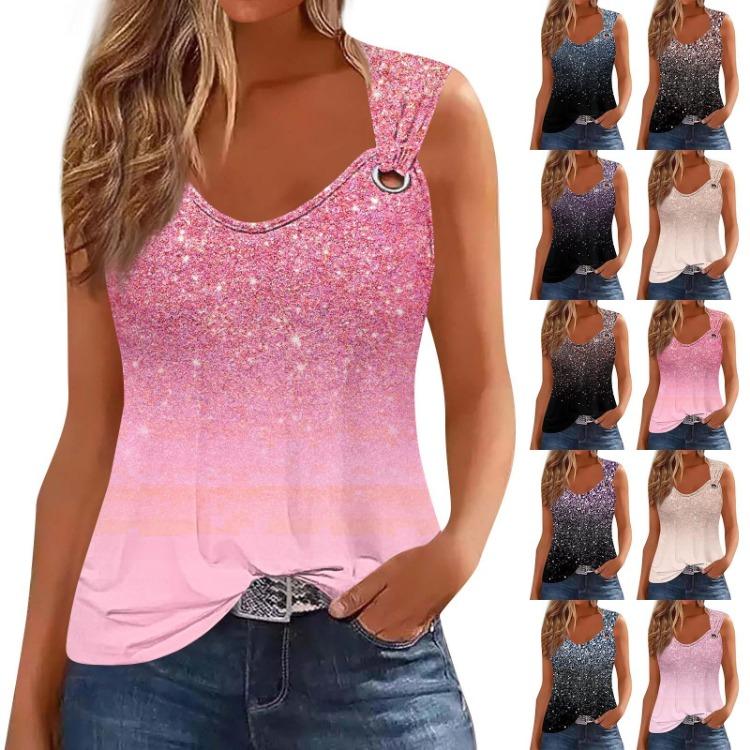 Women Casual Summer Basic Flowy V Neck Sleeveless Deep Side Cut Printed Tank Top