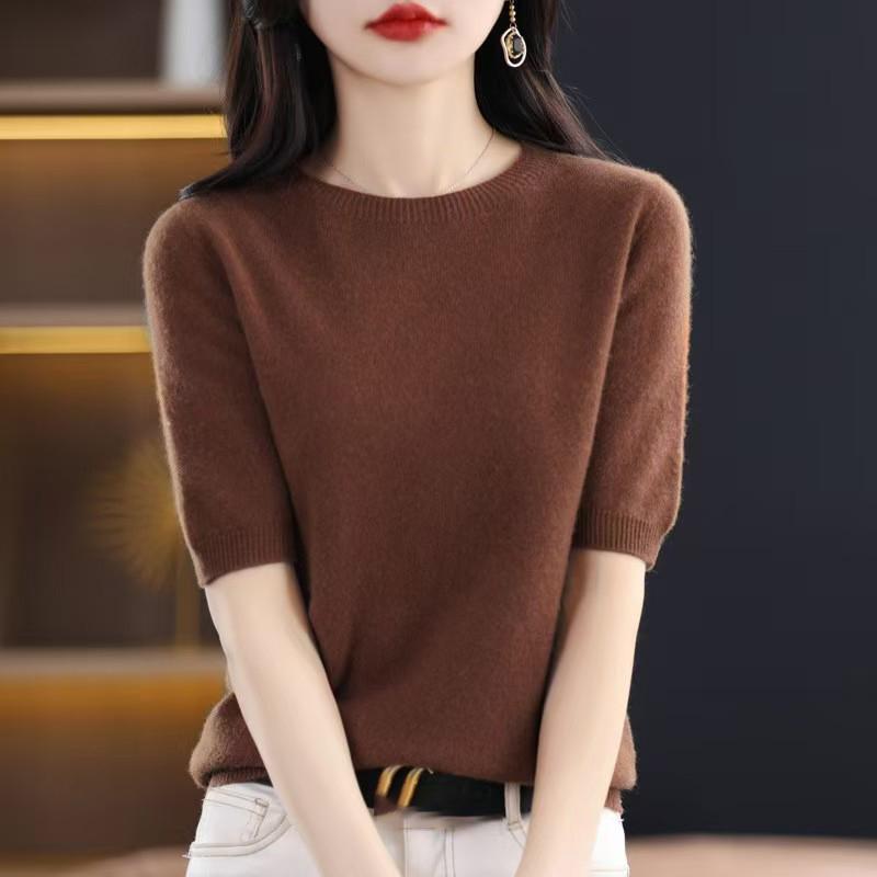 Loose Women's Round Neck Short Sleeve Knitted Sweater T-Shirt Base Layer Spring Autumn Short Top