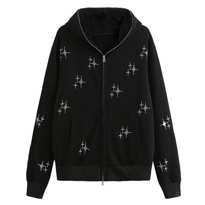 Frühling und Herbst Damen Loose Top Star Diamond Zipper Hoodie