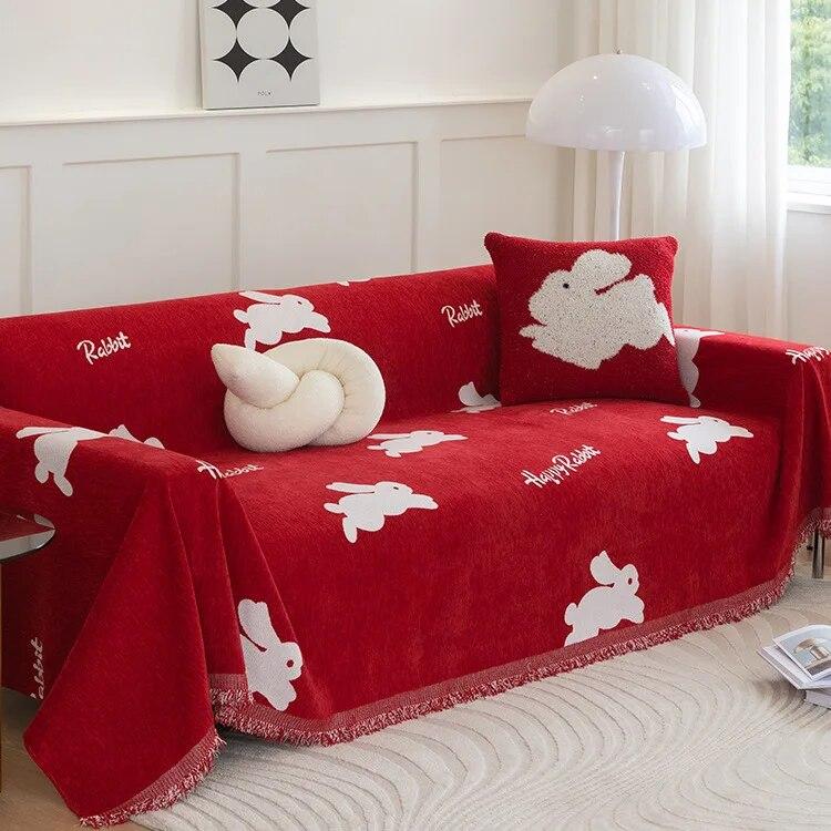Sofa Cushion Cover Cloth Towel Simple Red Festive Chenille Cartoon Full Package Anti Slip Universal Decorative Cushion Blanket