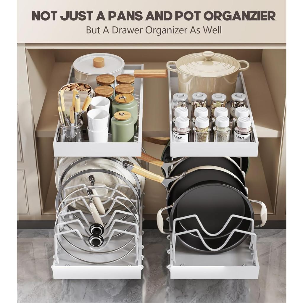 Pull Out Pots and Pans Organizer Under Cabinet, Sliding Lid Holder and Pan Rack in Kitchen, Slide Out inside Cabinet Storage