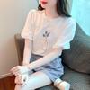 Casual Gedruckt T-shirt Frauen Elegante Sommer Frauen Tops Oansatz Verstärktes Spitze Hemd Koreanischen Stil Puff Kurzarm Bluse 27463