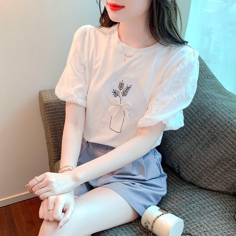 Casual Gedruckt T-shirt Frauen Elegante Sommer Frauen Tops Oansatz Verstärktes Spitze Hemd Koreanischen Stil Puff Kurzarm Bluse 27463