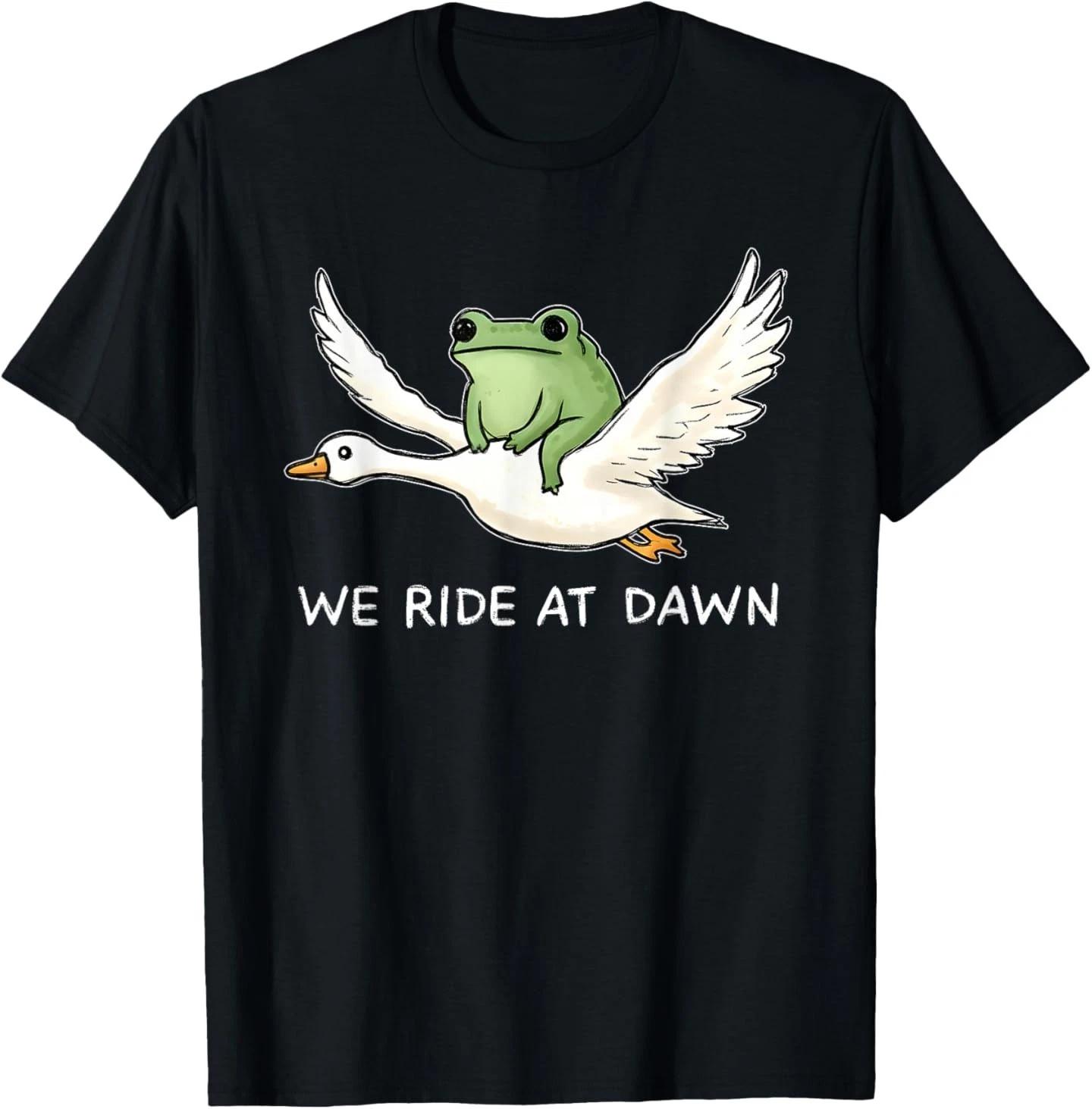We Ride at Dawn Funny Frog Riding Goose Chaotic Animal T shirt 2XL