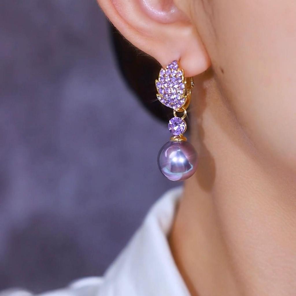 Elegant Luxury Purple Diamond Leaf Earrings: Chic Retro French Style Women's Versatile Jewelry