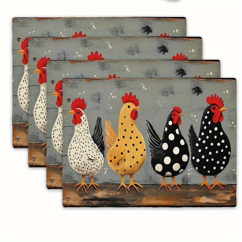 4pcs Linen Placemats Set, Country Chicken Pattern Decorative Placemats, Suitable for Kitchen Dining Room Decoration, Family Gathering Dinner Table