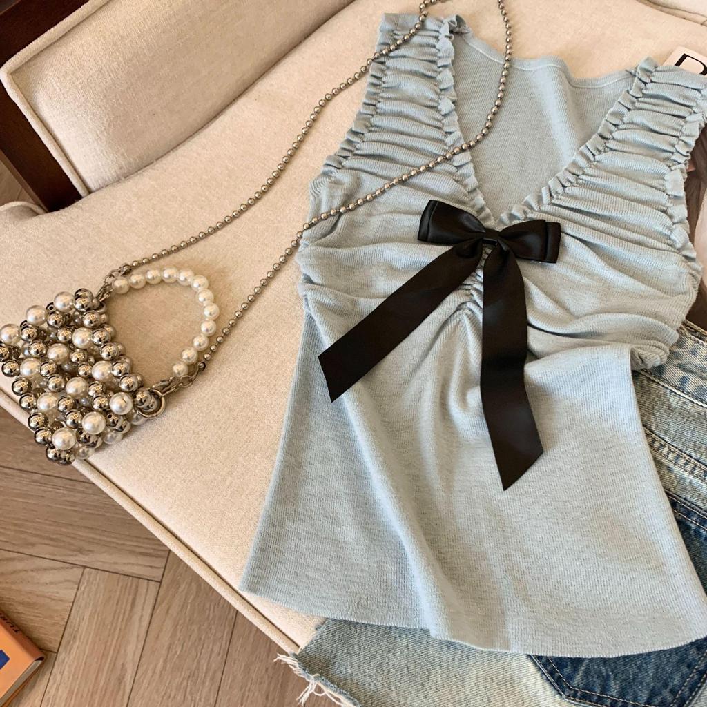 Women's Pink Bow V-neck Knit Vest, Summer Style Pleated Camisole, Super Stylish Sleeveless Top