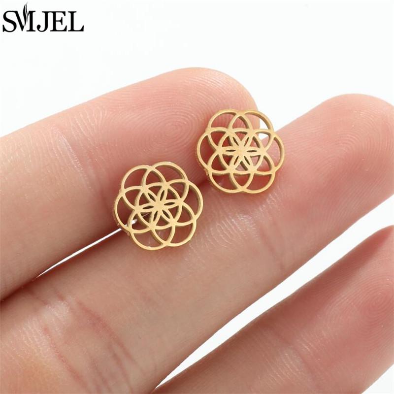 SMJEL Gold Stainless Steel Earrings Geometric Women Cute Leaf Star Footprints Mandala Cactus Earings Jewelry Small Studs Gift