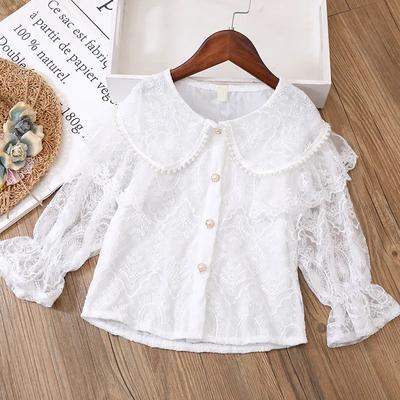 Girls Spring and Summer Solid Color Lace Long Sleeve T-shirt Cute Fresh Thin Section Pullover Tops