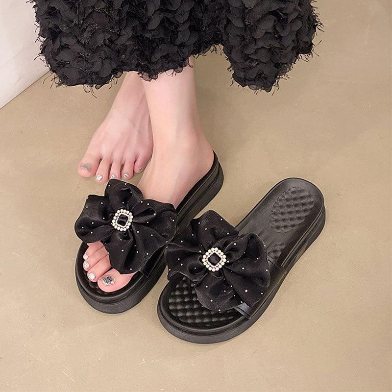 High-end Bow Cool Slippers Women Wear Summer Internet Celebrity Fashion Muffin Heel Thick-soled Heightening Non-slip Beach Shoes