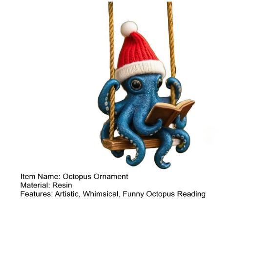 Octopus Reading Ornament Blue Octopus Reading Swing Ornament Sea Creature Christmas Tree Hanging Decor Squid Art Collection Gifts for Ocean Lovers