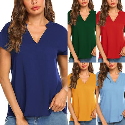 Fashion Women's Summer Short Sleeve V-Neck T-Shirt Chiffon Blouse Solid Color