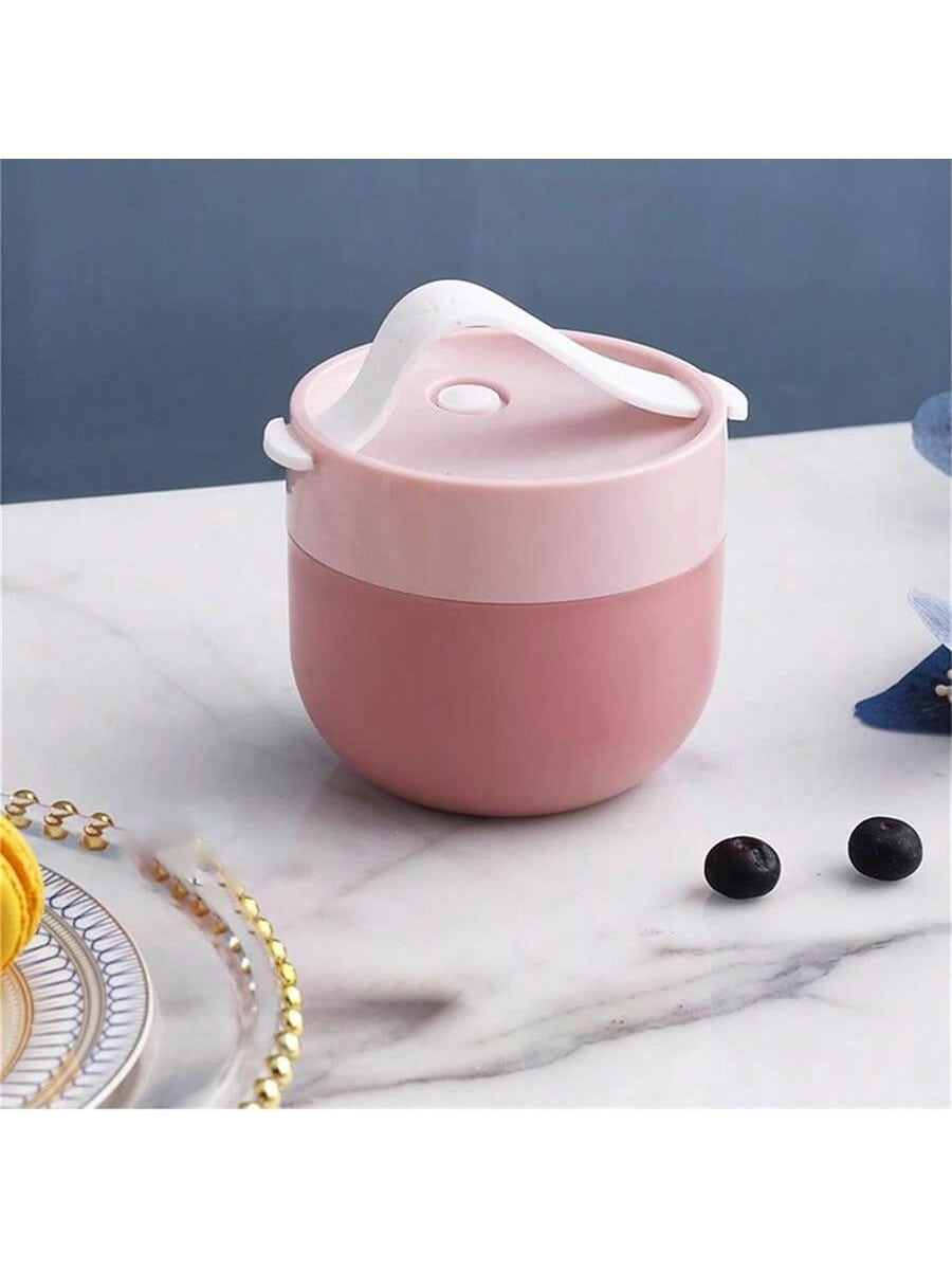 1pc dual color portable sealed breakfast box, with lid and spoon, can be carried by hand, can be heated in the microwave, розовый