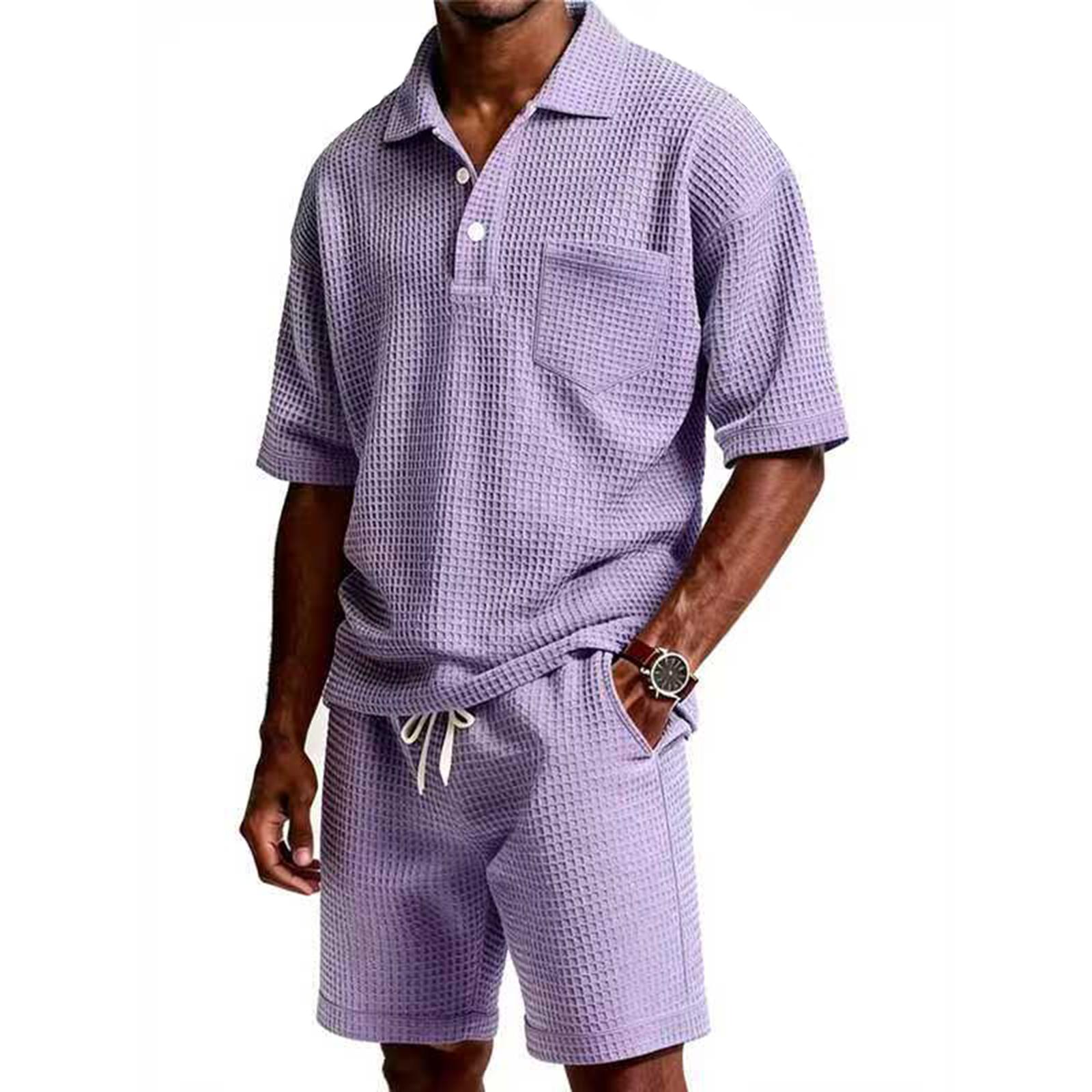 

Men s Summer Color Breathable Loose Button Short Sleeve Shirt Shorts Set XL синій