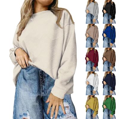 Women's Casual Round Neck Long Sleeve Irregular Texture Loose Waist Sweatshirt Solid Color Pullover Top