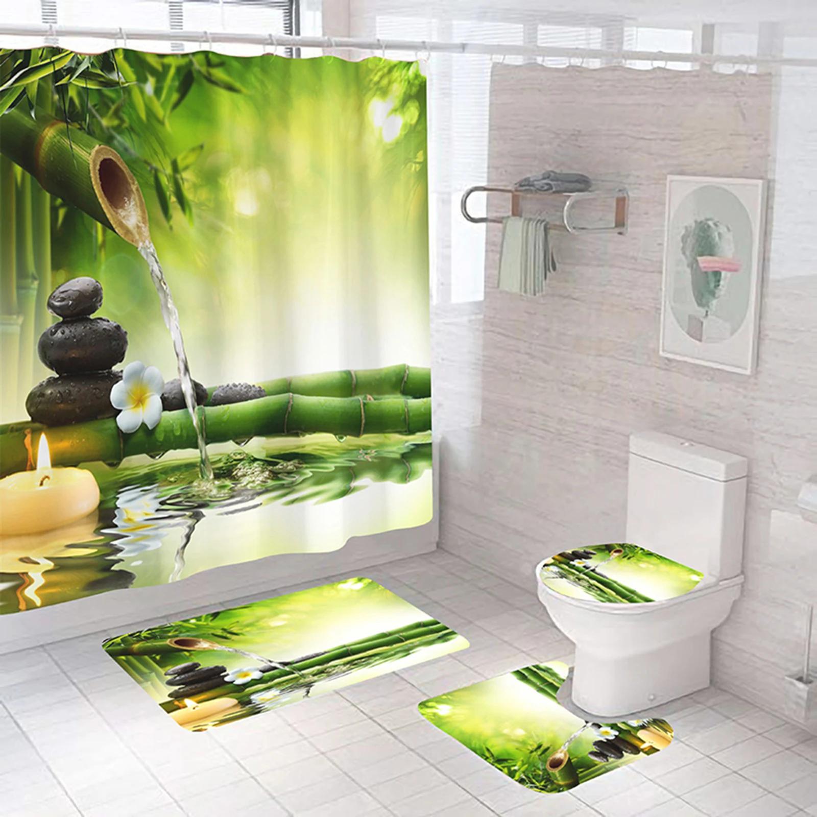 Monika Chen Full Set Bathroom Shower Curtain Set And Rugs Waterproof Fabric Furniture Accessory Zen Flow Water Bamboo For Bath Decoration